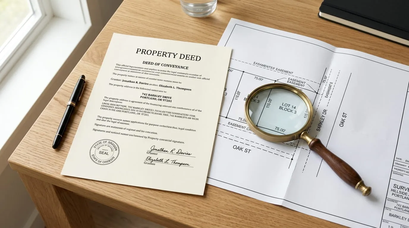 Deed and survey plat map showing the legal description of property on a desk