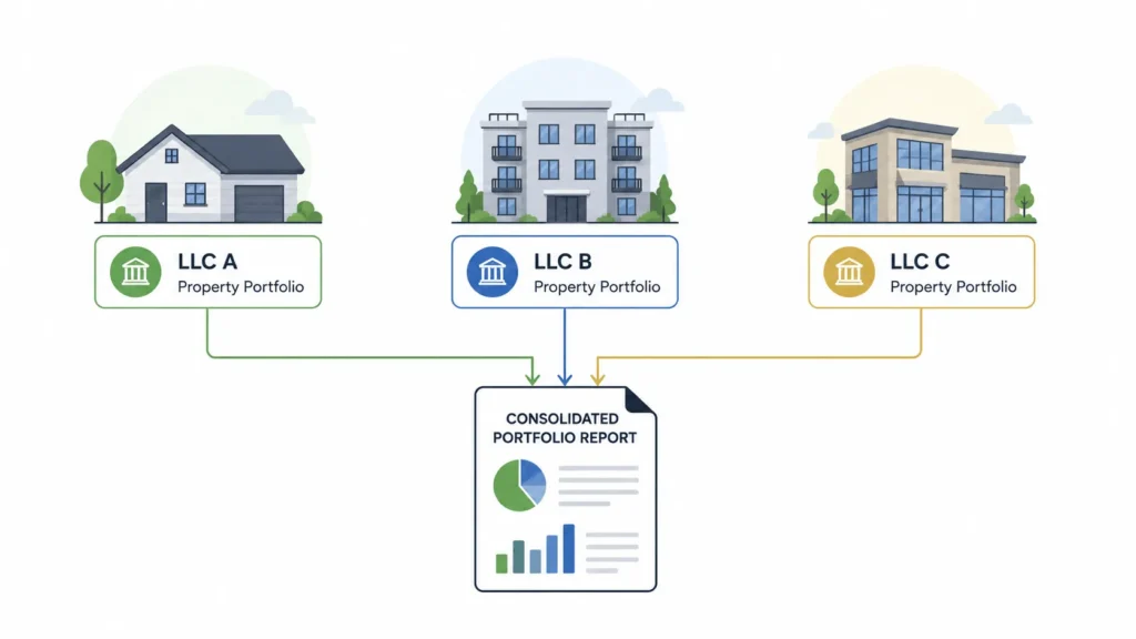 Diagram of multi-entity accounting software for real estate investors consolidating separate LLCs