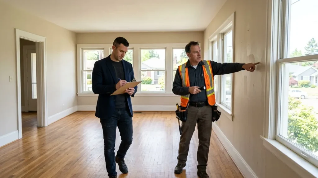 Text: An investor and inspector touring a property during the process of how to start real estate investing