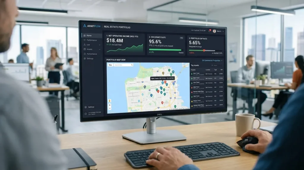 Real estate asset management software dashboard showing NOI, occupancy, and cap rate metrics
