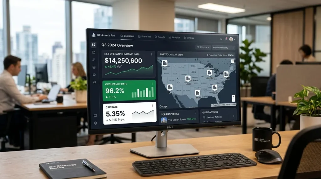 Real estate asset management software dashboard showing NOI, occupancy, and cap rate metrics