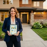 Real estate agent reviewing real estate marketing analytics on a tablet outside a home for sale