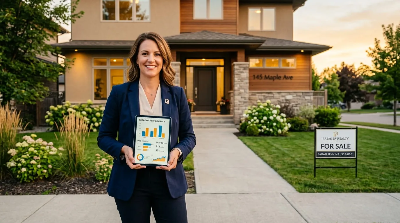 Real estate agent reviewing real estate marketing analytics on a tablet outside a home for sale