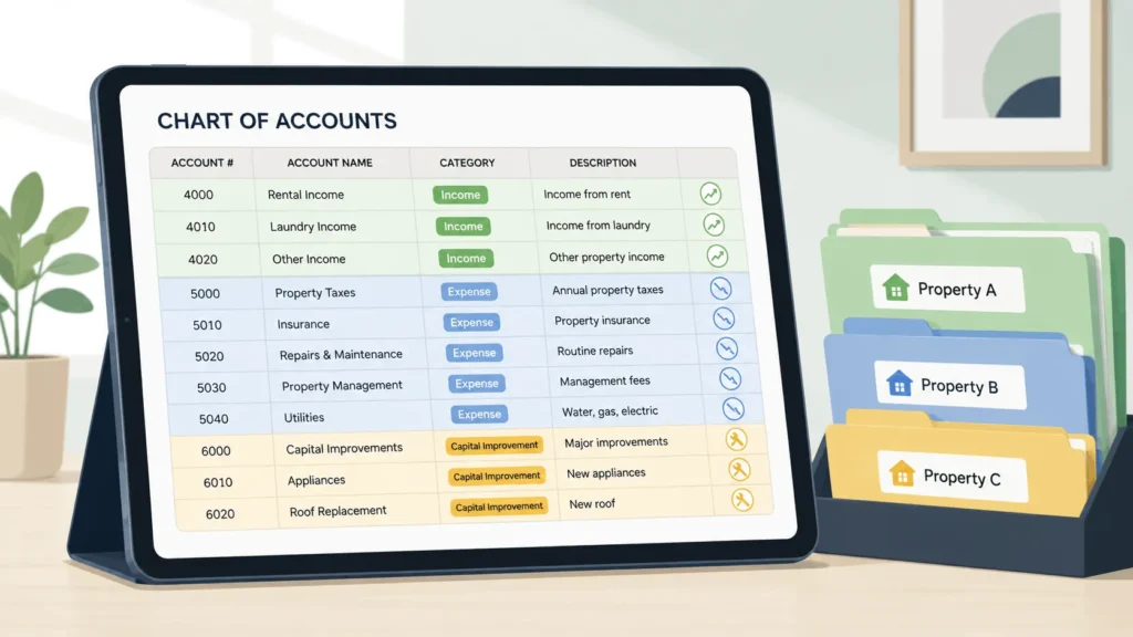 Tablet showing chart of accounts setup in accounting software for real estate investors