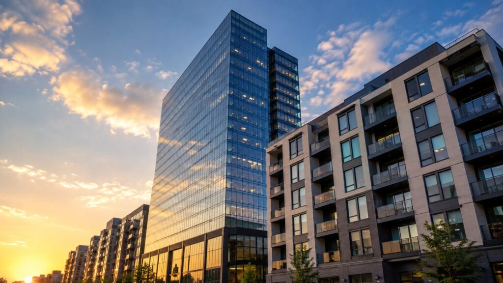 Commercial and residential buildings representing BlackRock real estate investment strategy