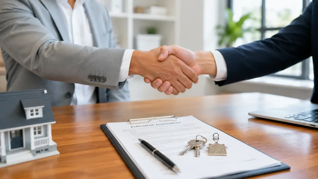 Real estate agents finalizing paperwork after a home sale moves from under contract to closed