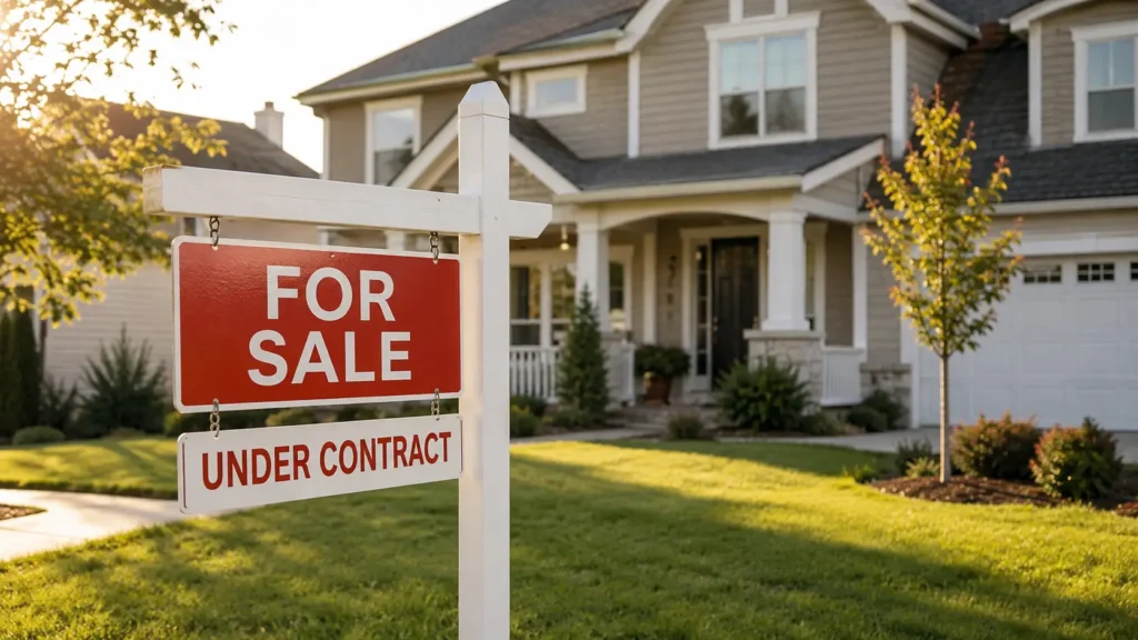 For sale sign with under contract rider outside a house showing what under contract means in real estate