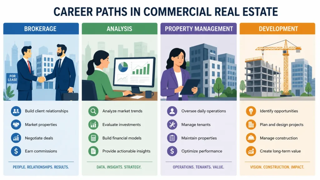 Diagram of four ways to get into commercial real estate including brokerage and development
