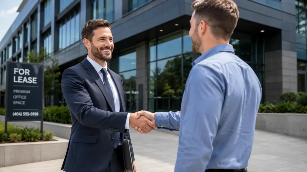 Broker meeting a client outside a commercial building, illustrating how to get into commercial real estate