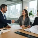 Three parties reviewing what is novation in real estate agreement at a table