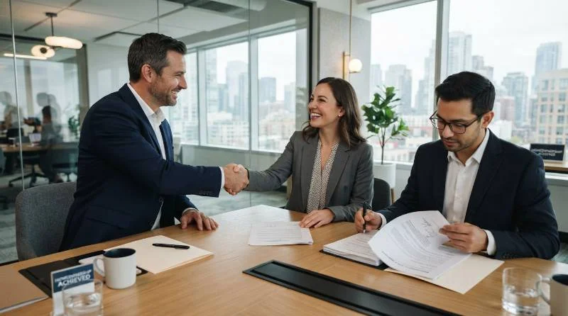 Three parties reviewing what is novation in real estate agreement at a table