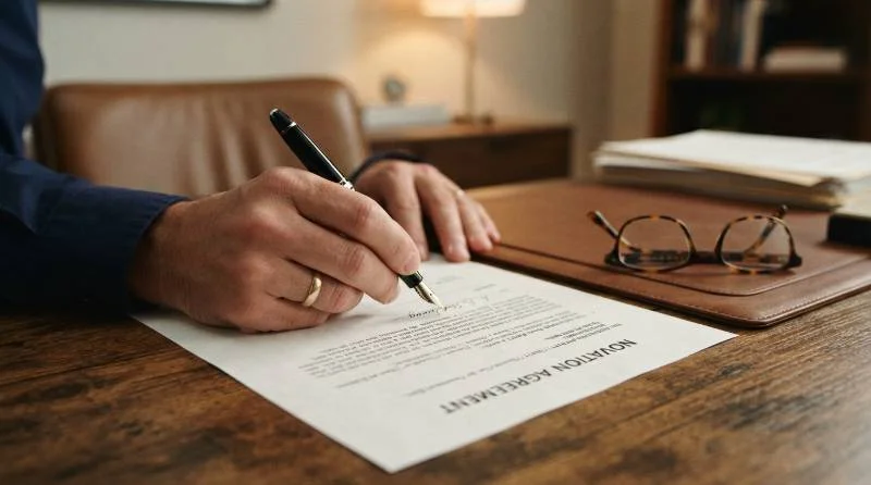 Hand signing what is novation in real estate document on a desk