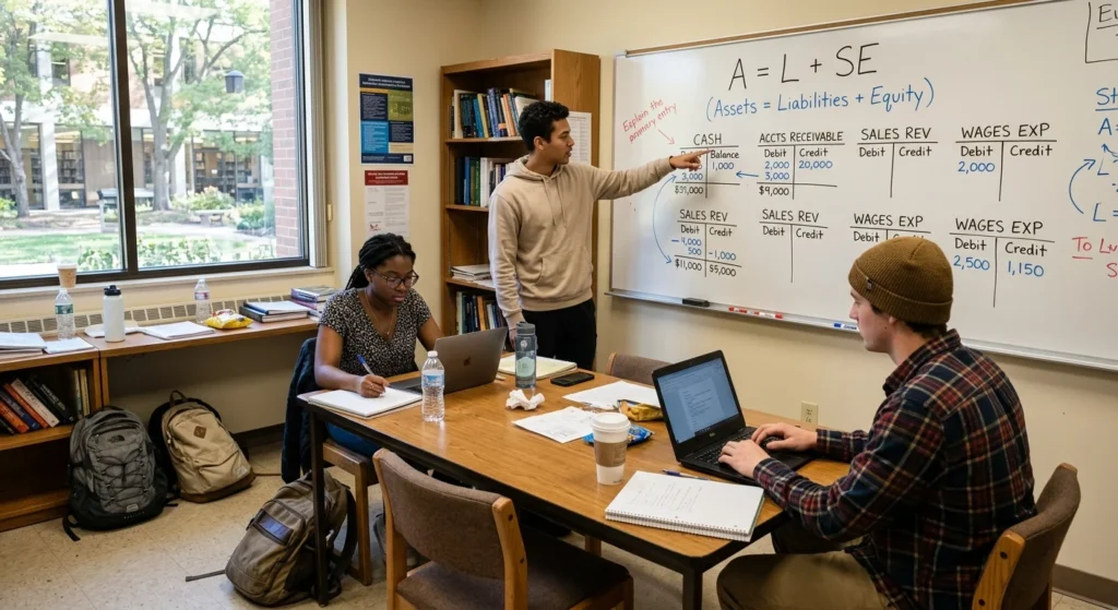 Study group working through problems because accounting is hard alone