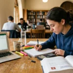 Student studying at a library table to find out if accounting is hard