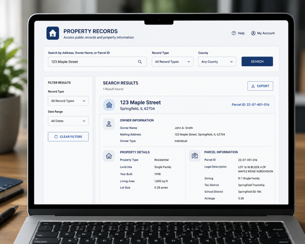 Property records search results showing owner and parcel information