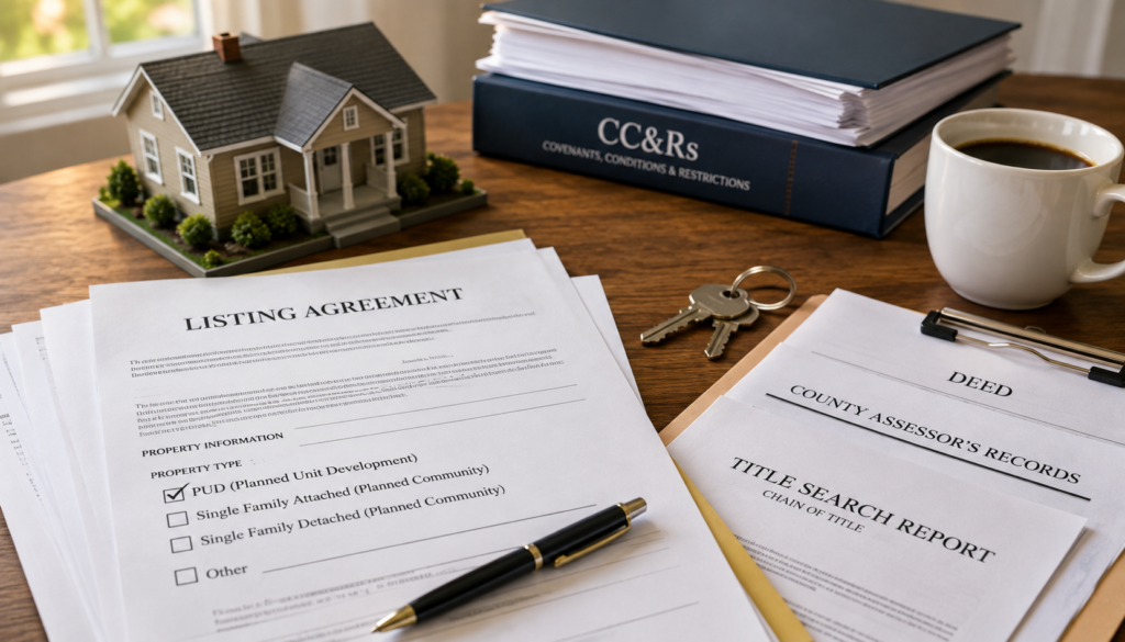 PUD listing agreement, deed, and title search documents on a desk with house model and keys