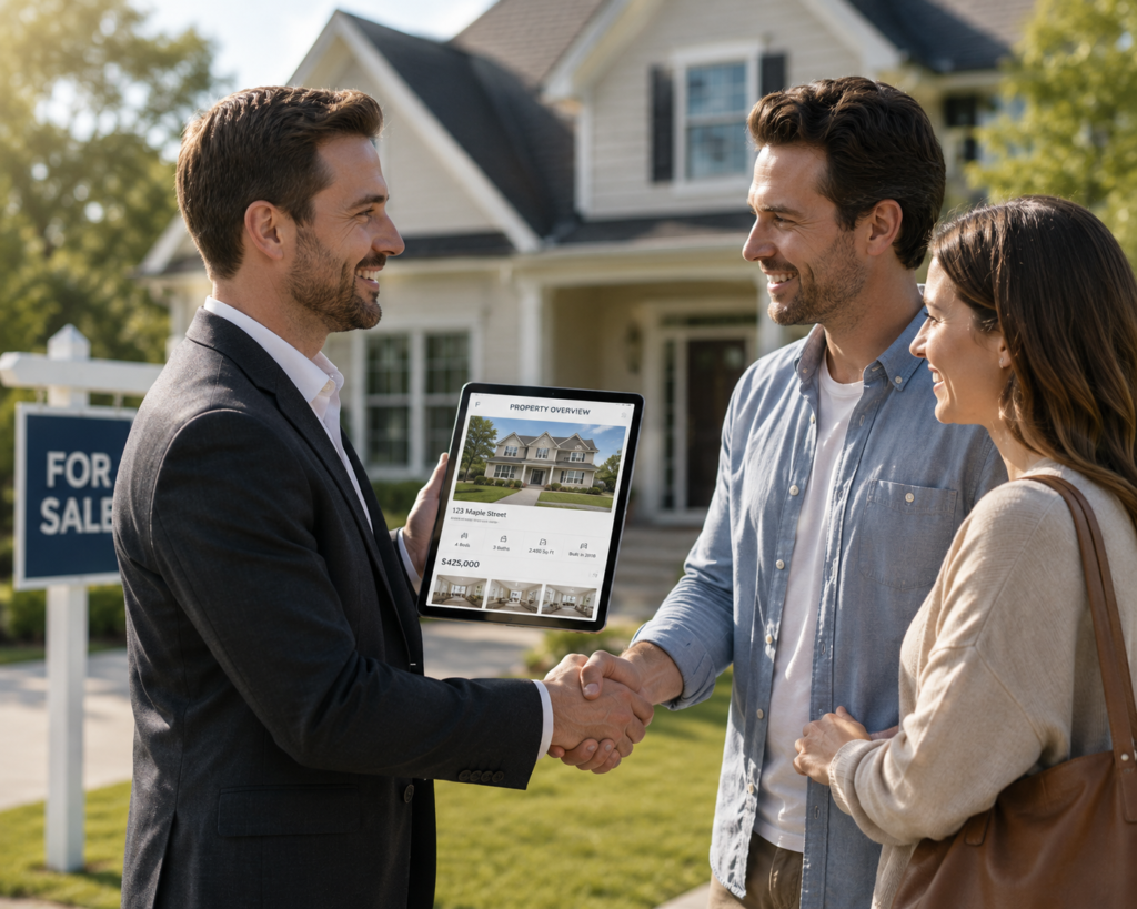 Real estate agent helping client find property ownership information