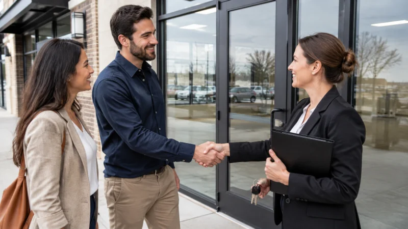 New tenants receiving keys after signing a commercial real estate for lease agreement