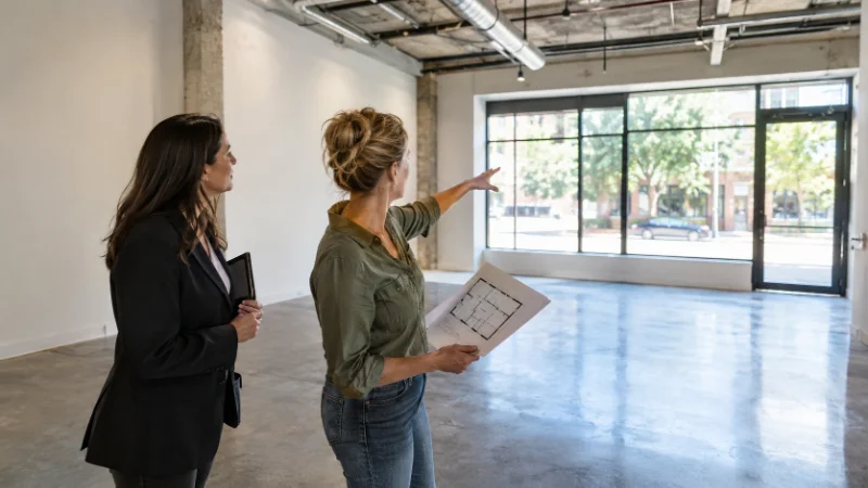 Business owner touring commercial real estate for lease with a leasing agent