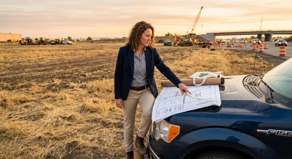 Investor checking road plans for condemnation real estate risk before buying
