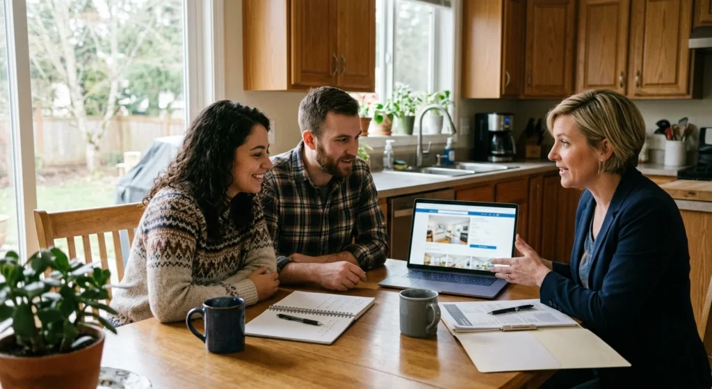 Buyers and agent checking listing status to understand what does pending mean in real estate