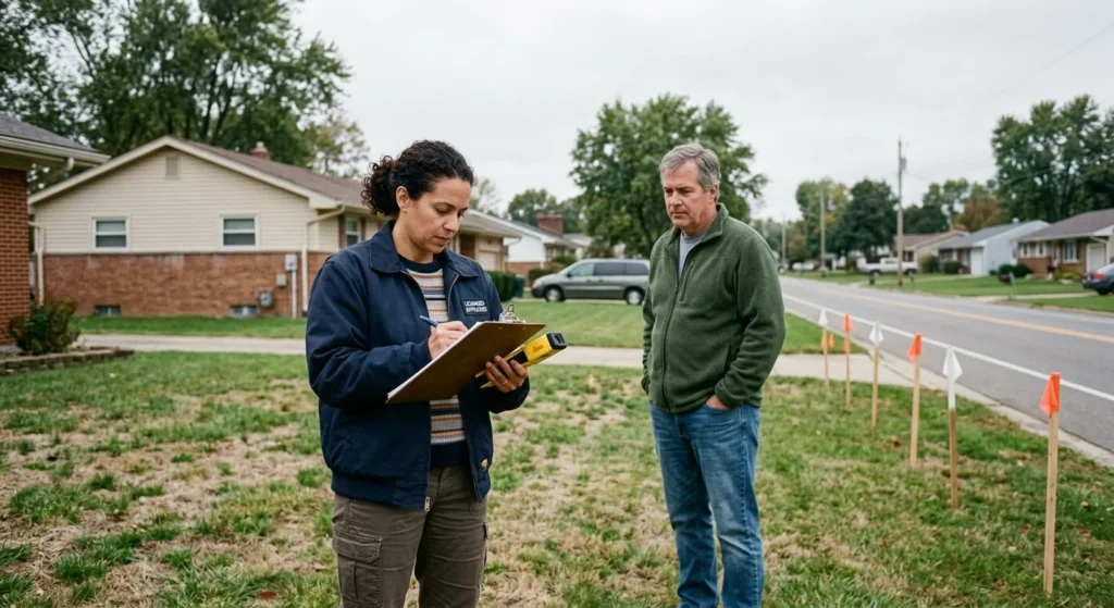 Appraiser measuring a lot during condemnation real estate valuation