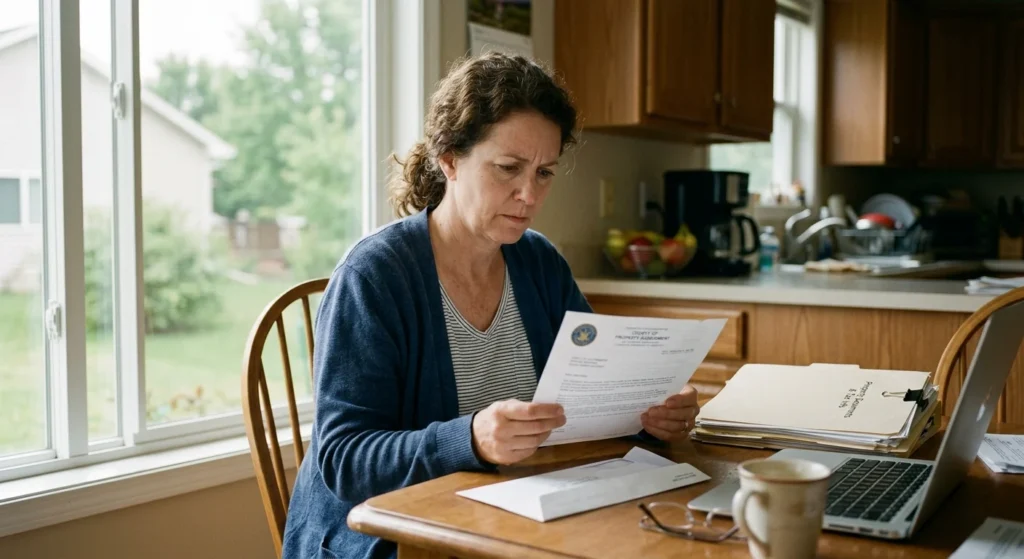 Homeowner reading a government notice about condemnation real estate proceedings