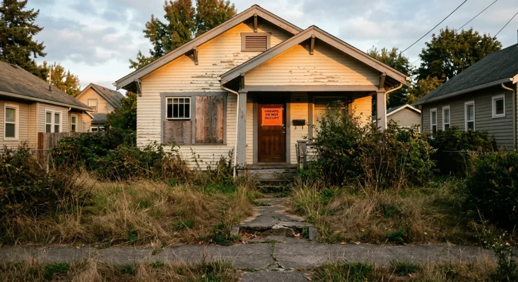 Condemned house with notice posted, an example of condemnation real estate code enforcement