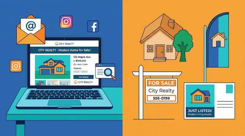 Illustration comparing digital and traditional channels that define the meaning of real estate marketing