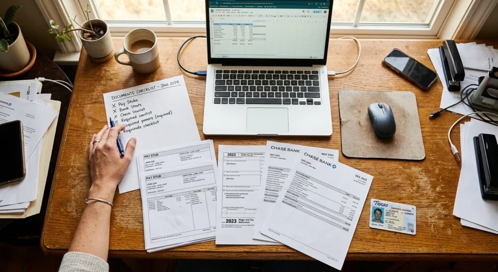 Documents needed for how to get pre approved for a home loan laid out on a desk