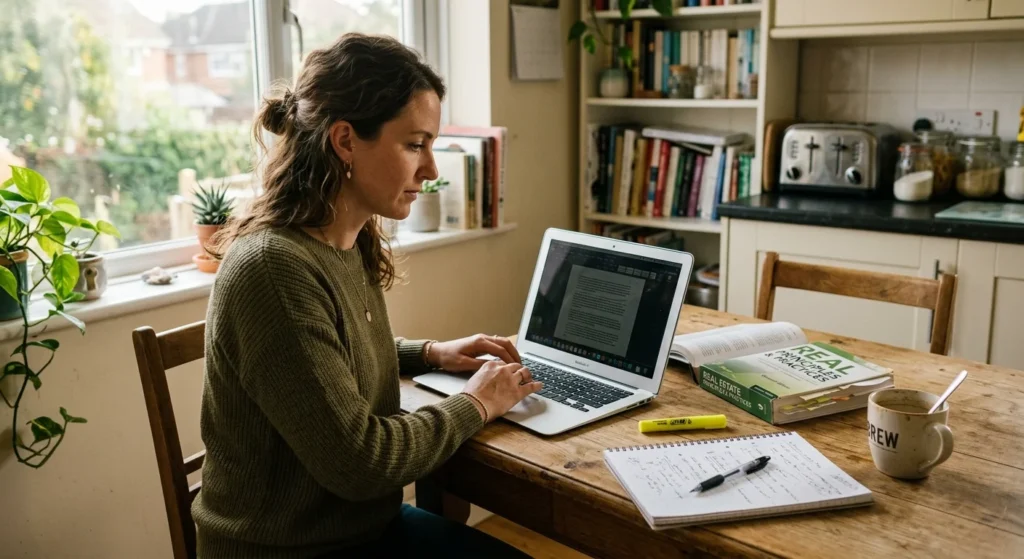 Student studying at a kitchen table to find out how long is real estate school takes to finish