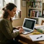 Student studying at a kitchen table to find out how long is real estate school takes to finish