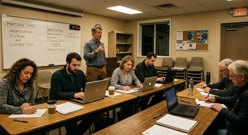 Adults in an evening classroom learning how long is real estate school takes in an in-person format
