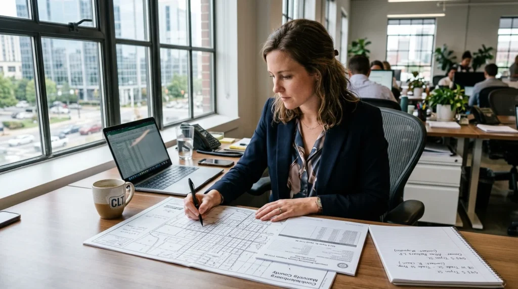 Commercial real estate broker reviewing owner records to learn how to generate commercial real estate leads