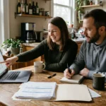 Couple organizing paperwork at a kitchen table to learn how to get pre approved for a home loan