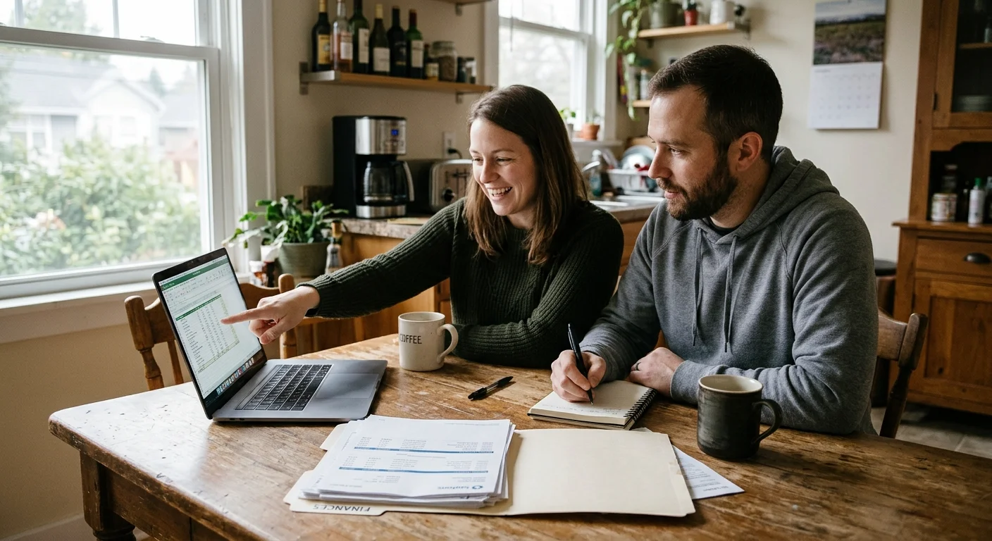 Couple organizing paperwork at a kitchen table to learn how to get pre approved for a home loan