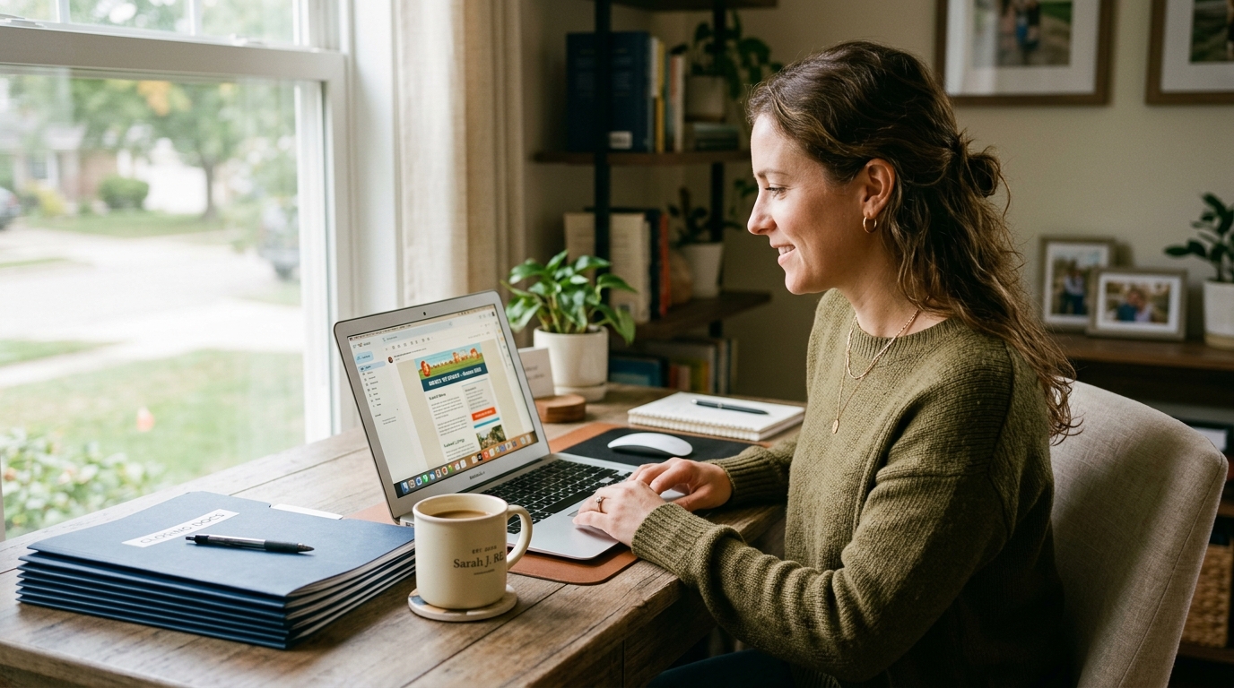 Real estate agent checking results of an email marketing campaign on a laptop