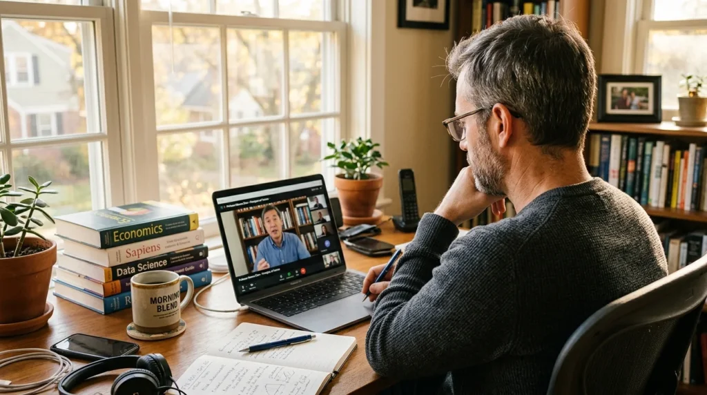 Student attending a live real estate agent course online through video class
