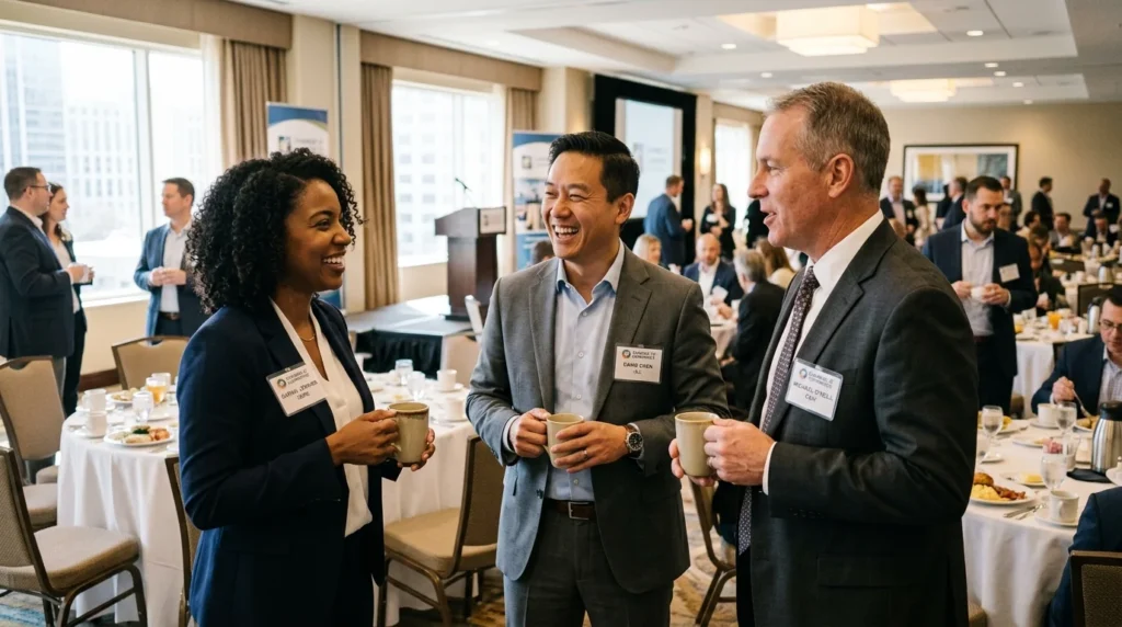 Brokers networking at a local business event as part of how to generate commercial real estate leads