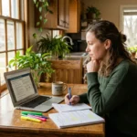 Woman taking a real estate agent course online on a laptop at her kitchen table