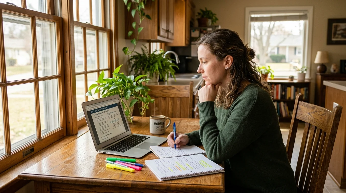 Woman taking a real estate agent course online on a laptop at her kitchen table