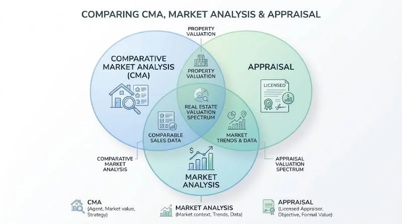 Real Estate Market Analysis vs CMA vs Appraisal Diagram