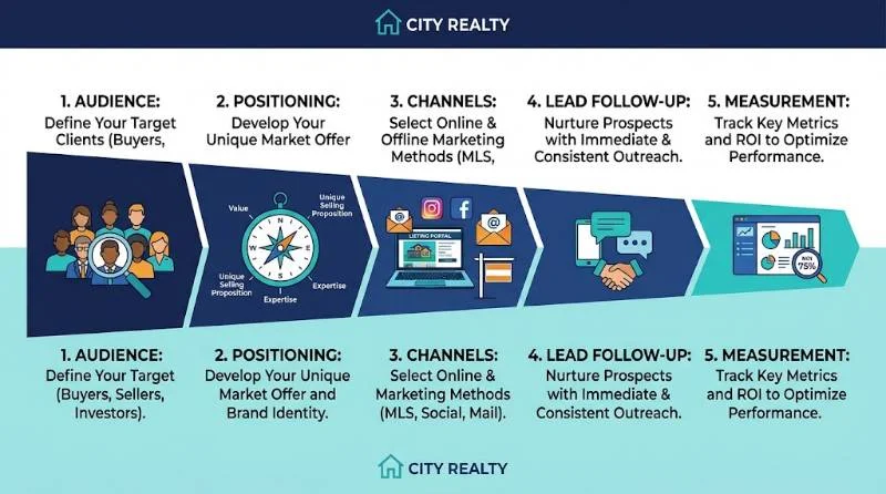 Five-step infographic showing how the meaning of real estate marketing works from audience to measurement