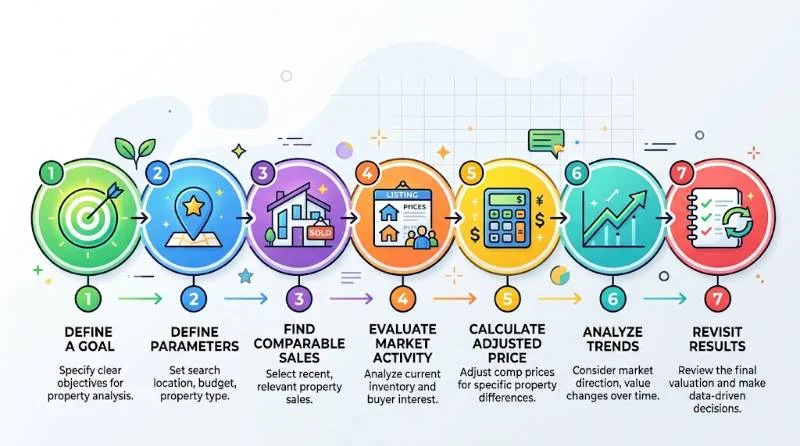 Seven-step workflow showing how to complete a real estate market analysis