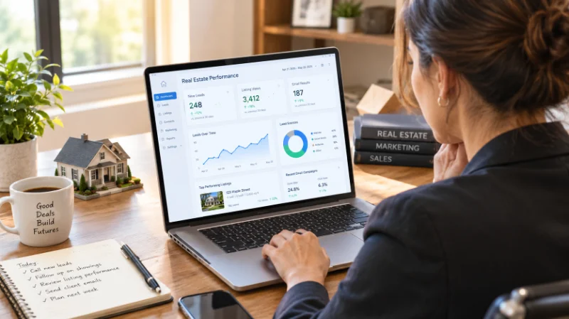Agent reviewing a marketing dashboard that reflects the meaning of real estate marketing in daily work
