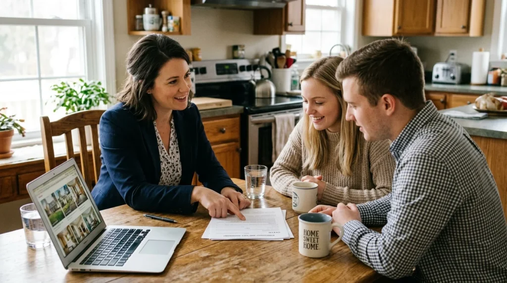 Real estate agent explaining a purchase agreement to a couple, showing what a real estate agent does
