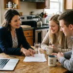 Real estate agent explaining a purchase agreement to a couple, showing what a real estate agent does