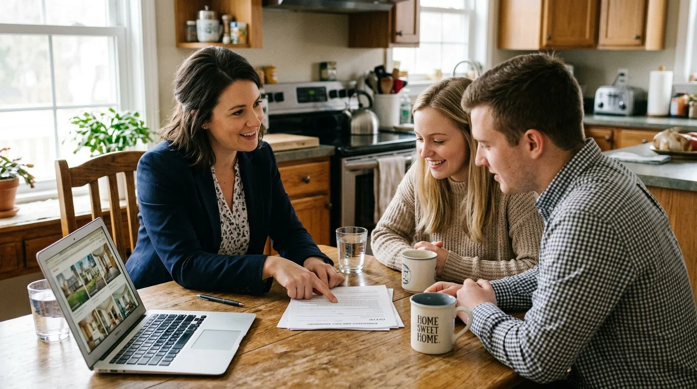 Real estate agent explaining a purchase agreement to a couple, showing what a real estate agent does
