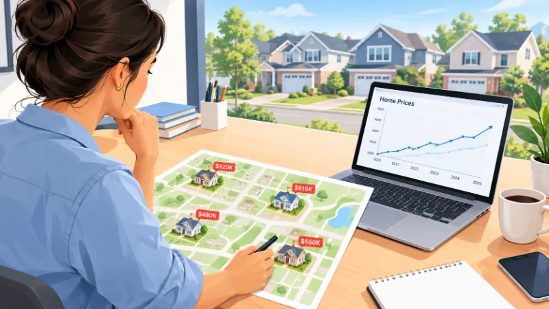 Person reviewing a neighborhood map and price charts to understand what a real estate market analysis is