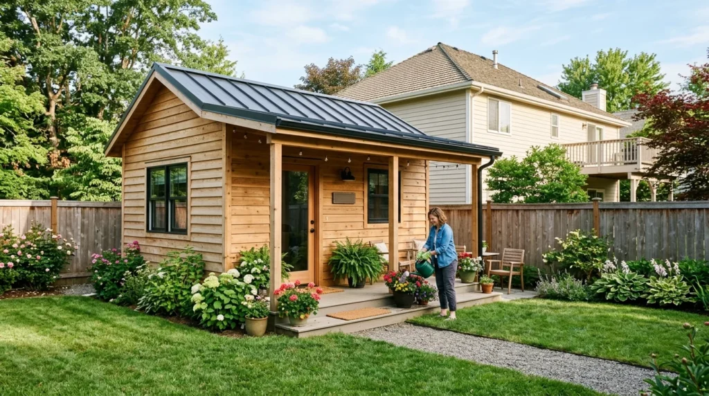 What is an ADU in real estate shown as a detached backyard cottage behind a suburban home